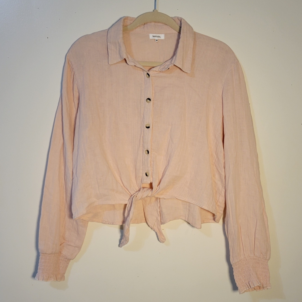 NWT Kensie Women's M Light Pink Button-Down Gauzy Cropped Shirt with Knot Detail